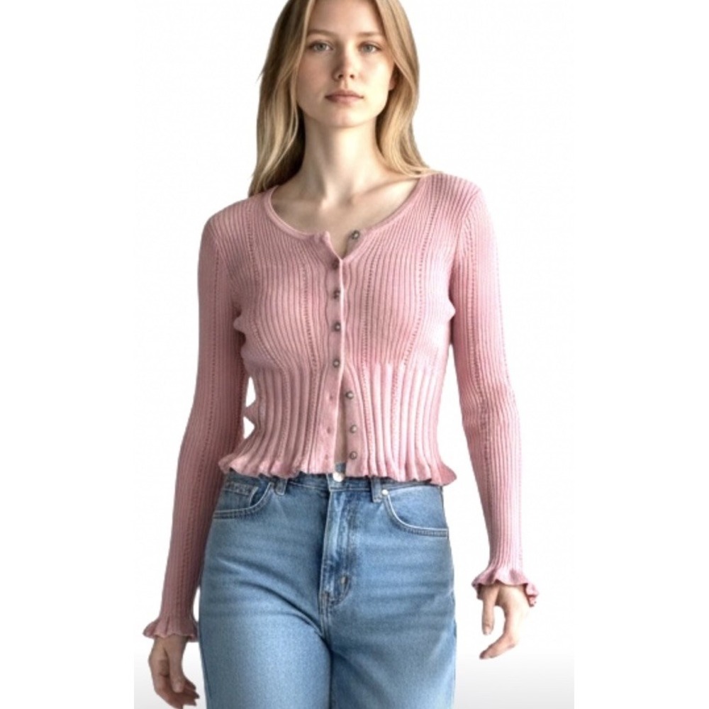Y2K Pointelle Ribbed Crop Cardigan Sweater Size M Pink Fitted Preppy Coquette